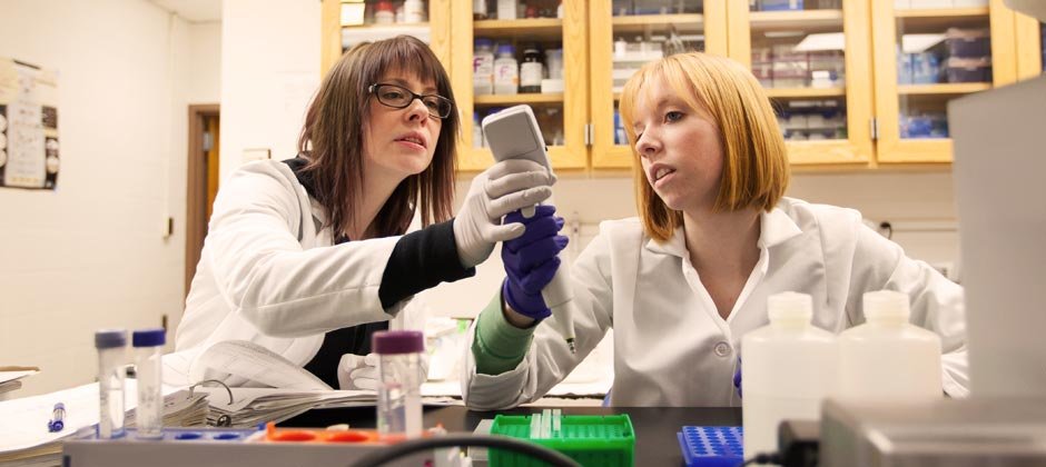 两个女学生在一个实验室工作