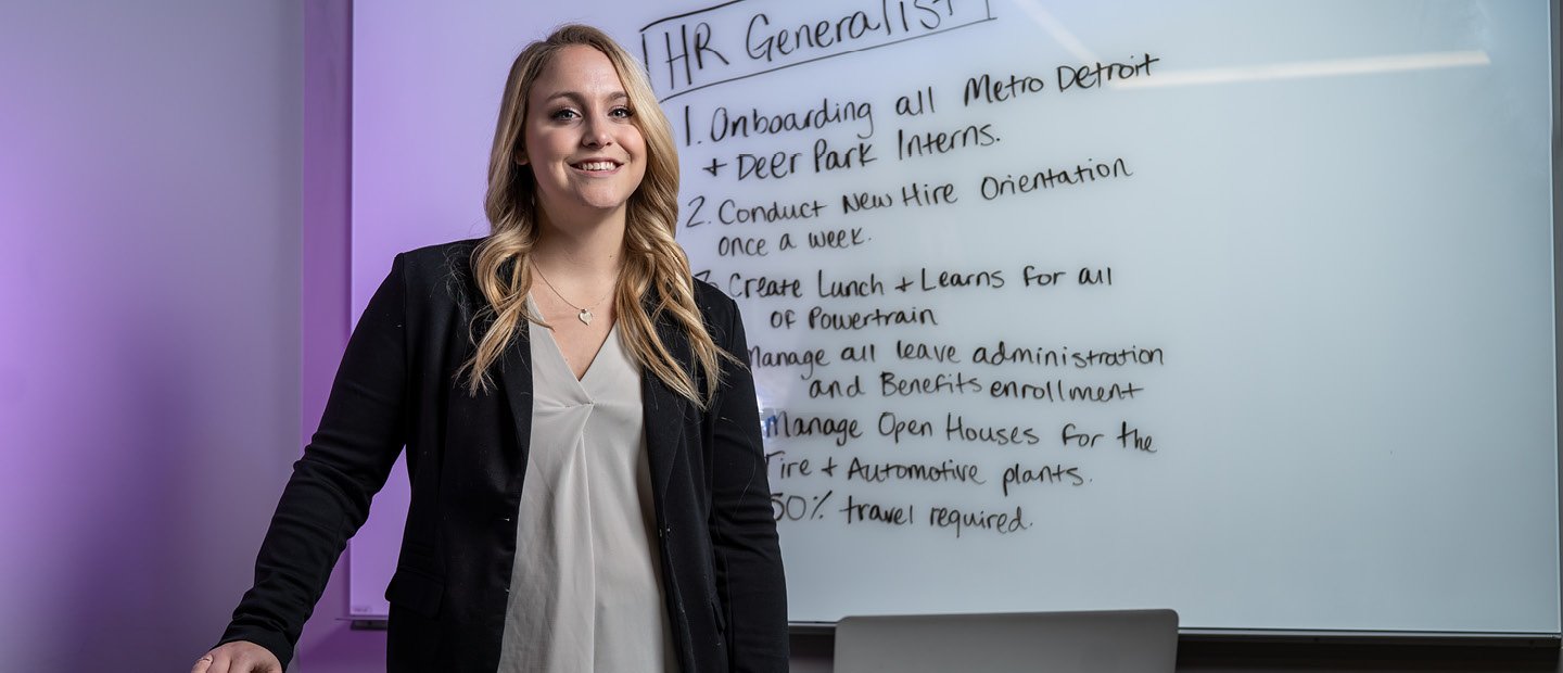 一位年轻女士站在一块白板前，上面写着“人力资源通才”和一份任务清单。