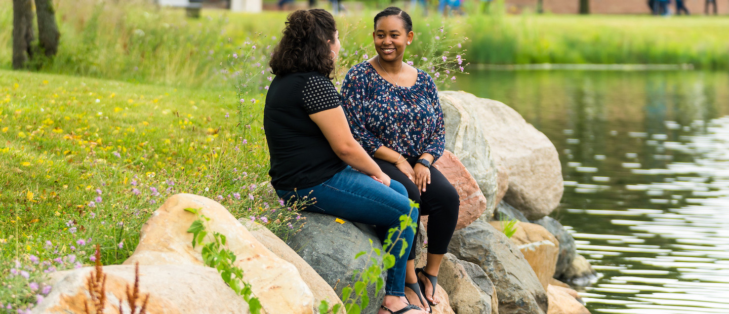两个女人坐在岩石在奥克兰大学在一个池塘的边缘。万博ManBetX登录