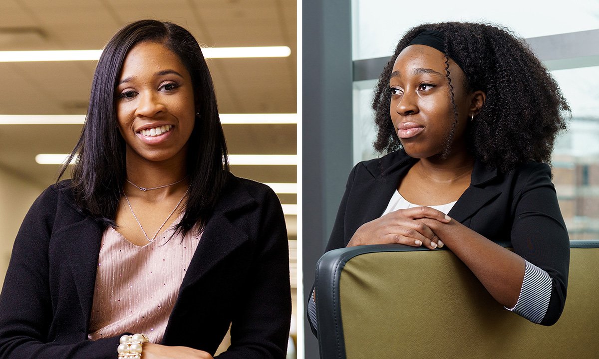 两名黑人女性在不同的照片中。一个对着镜头微笑，一个看向别处。