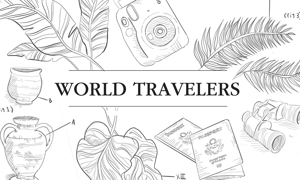 叶子、相机和陶器的插图，上面写着“世界旅行者”