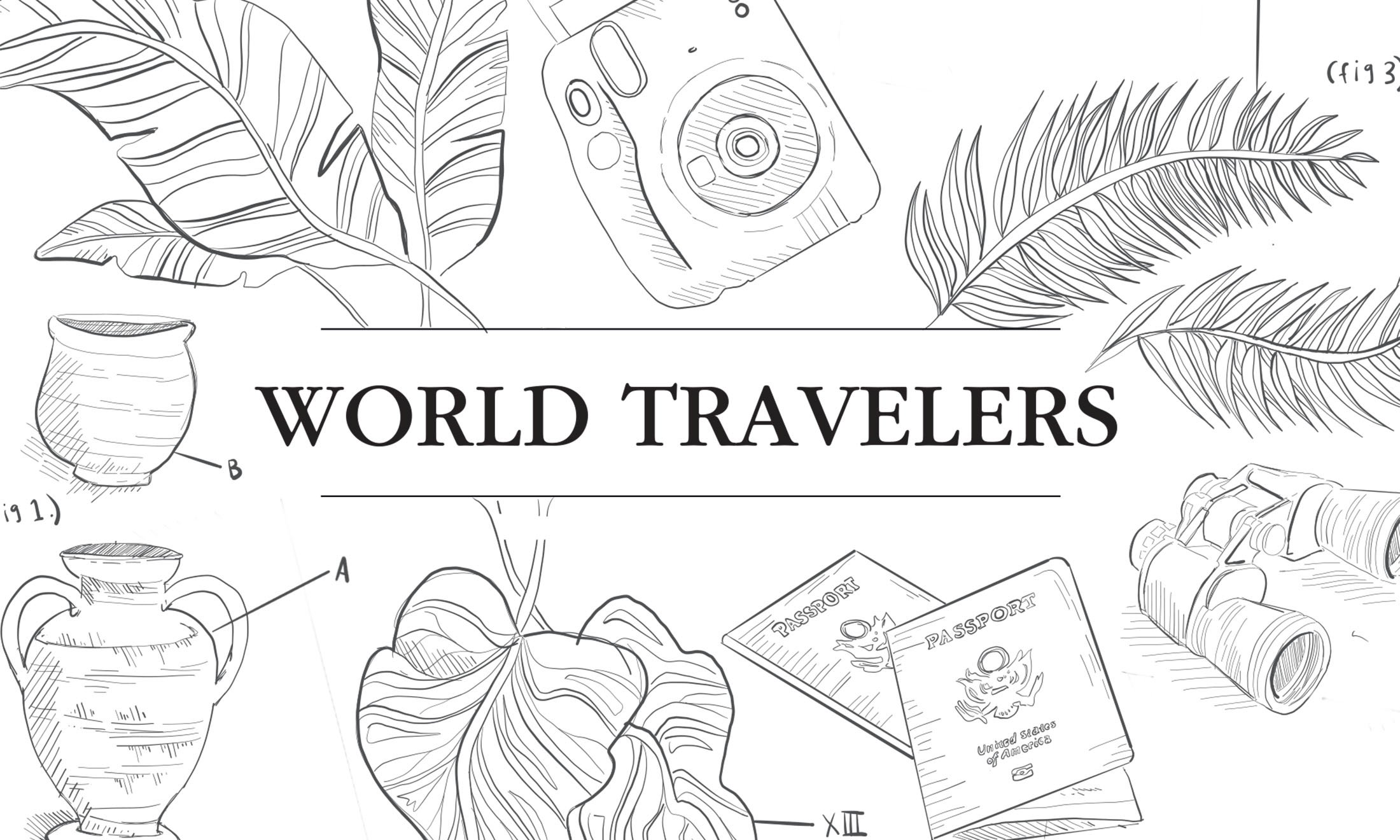 叶子、相机和陶器的插图，上面写着“世界旅行者”