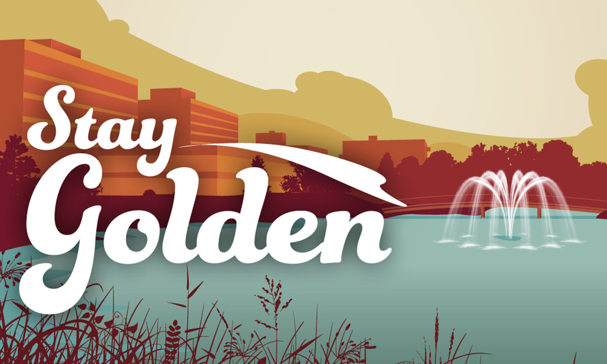 湖泊、喷泉和建筑插图，文字“Stay Golden”