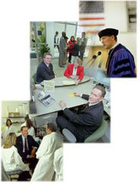 三种照片拼贴的加里Russi:对麦克风讲话,坐在一张桌子和穿着白色实验服的人说话