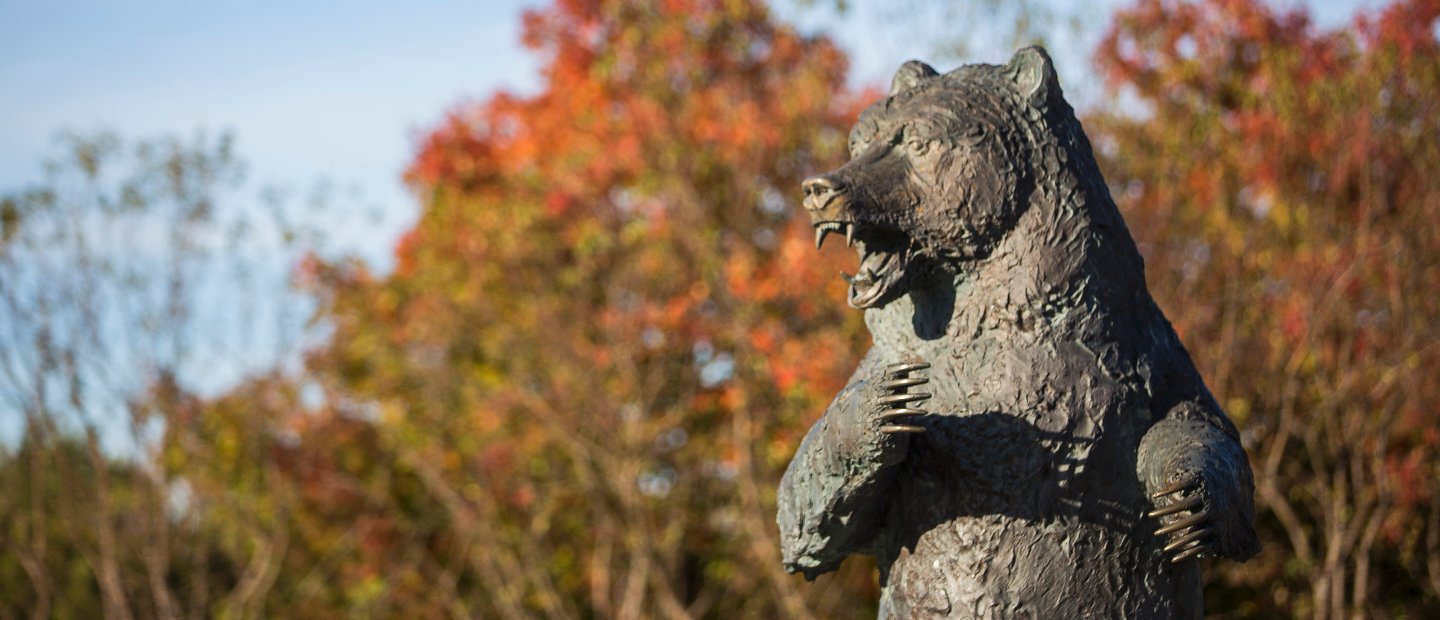 马克·熊雕像面前的树木叶子红色和绿色的。