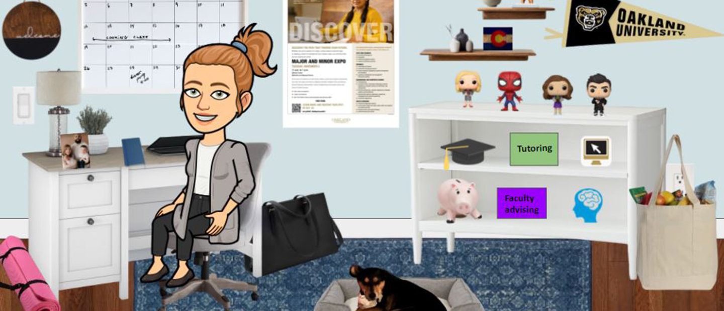 数字化身一个女人坐在一个虚拟办公室和许多装饰品和对象。