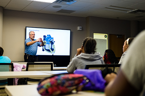 男教授站在前面的一个类的学生,投影仪屏幕图像的身后的一个蓝色的心