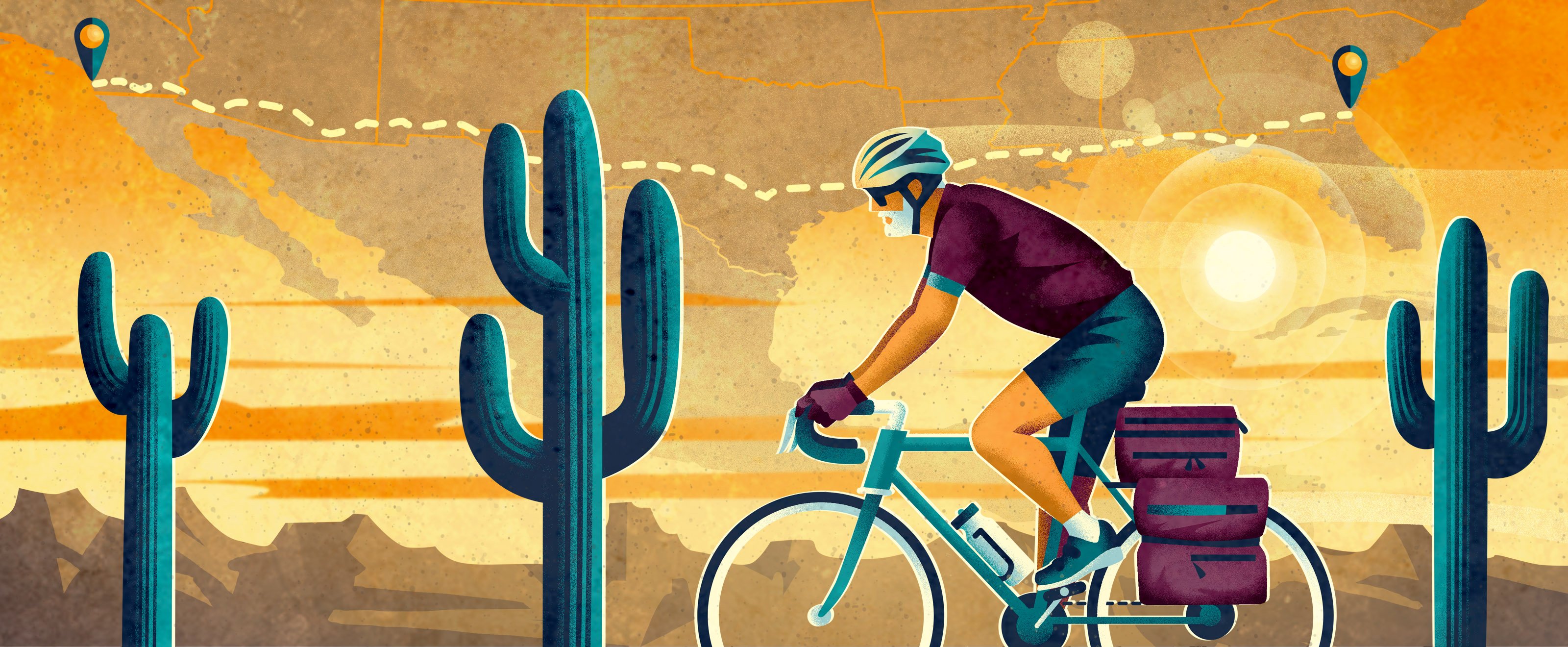 说明一个男人在骑自行车穿过沙漠